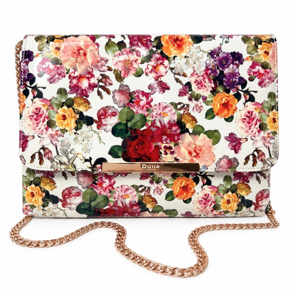 Dune London Floral Clutch Crossbody Bag Gold Chain Multicolor Womens Purse
